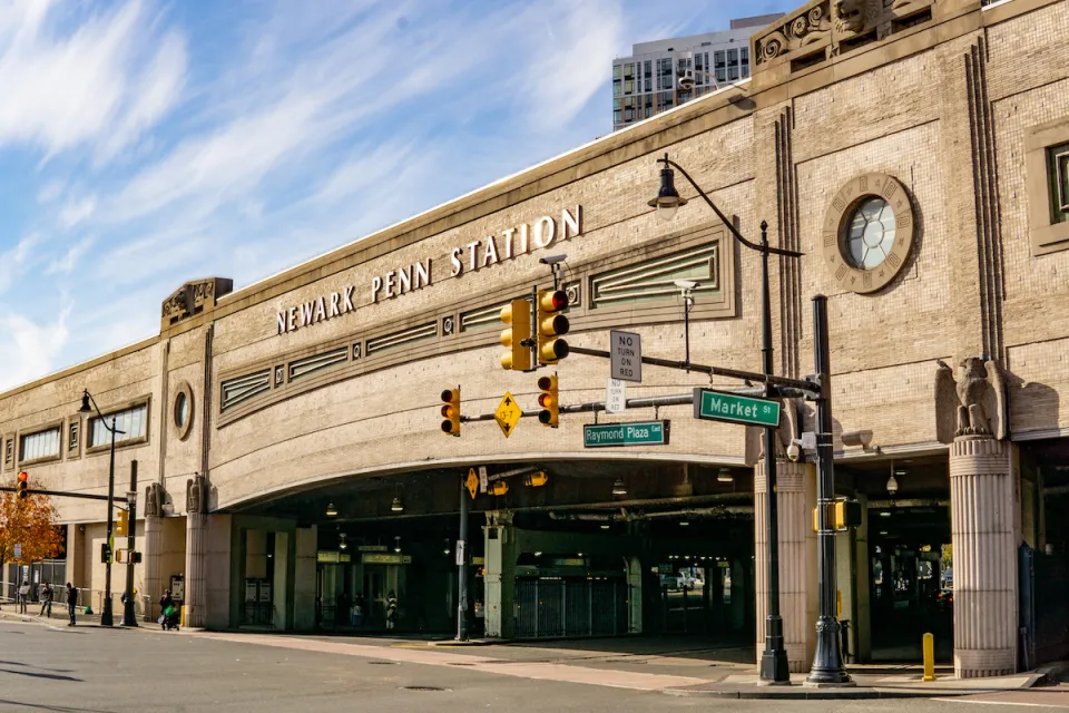 Facade of Newark Penn Station in Newark, New Jersey.